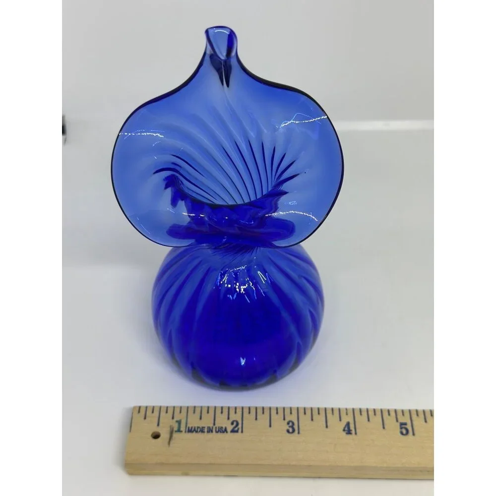 VTG‎ MCM Sapphire Jack-in-the-Pulpit Hand Blown Ribbed Glass Vase 7